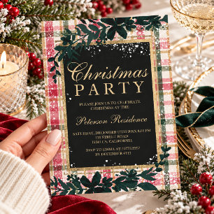gold red plaid leaf snow elegant chic Christmas Invitation