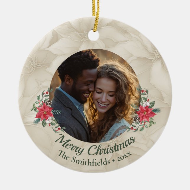 Gold, Red Poinsettia 2 sided Photo Holiday  Ceramic Tree Decoration (Front)