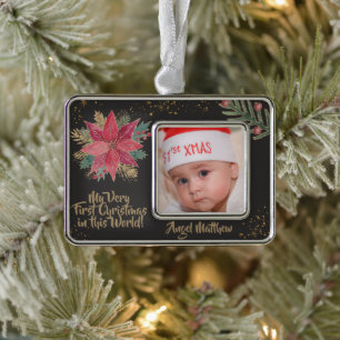 Gold Red Poinsettia Glittery First Christmas Black Silver Plated Framed Ornament