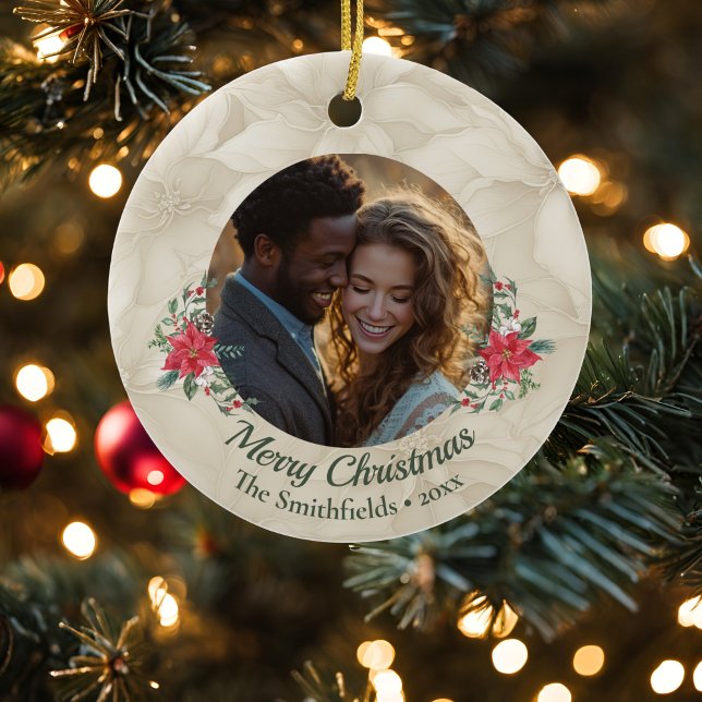 Gold, Red Poinsettia Photo Holiday  Ceramic Tree Decoration (Light Gold Poinsettia ornament)