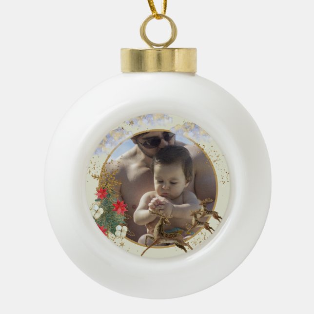 Gold Red Poinsettia Trees Sparks Christmas Photo  Ceramic Ball Christmas Ornament (Front)