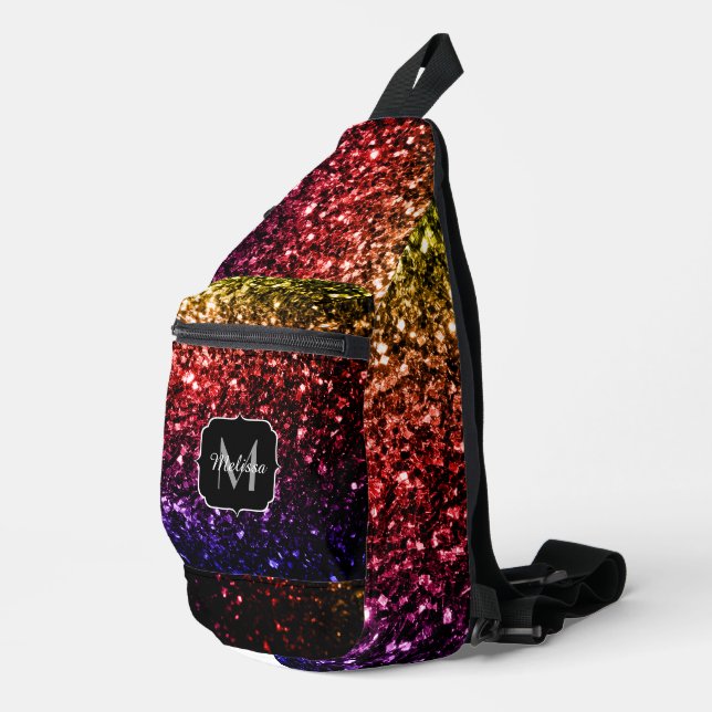 Gold red purple faux glitter sparkles Monogram Sling Bag (Right Corner)