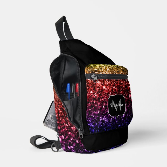 Gold red purple glitter sparkles Black Monogram Sling Bag (Open)