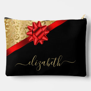Gold Red Ribbon Script Monogram Accessory Pouch
