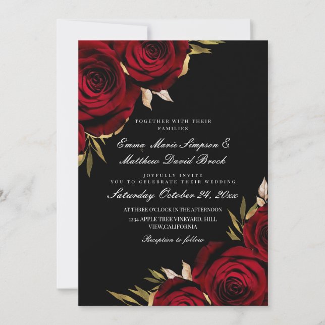 Gold Red Rose Black  Floral Wedding Invitation (Front)