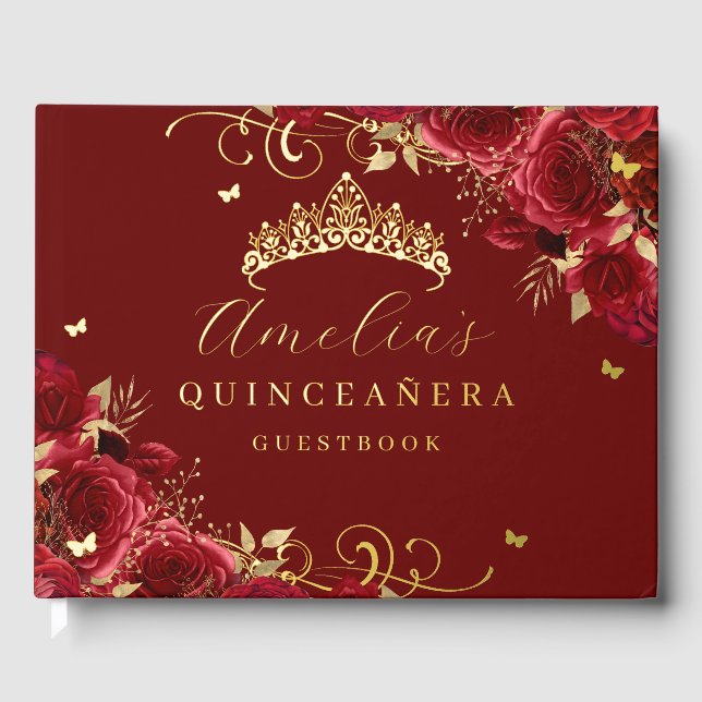 Gold Red Rose Floral Swirl Quinceanera  Guest Book (Front)