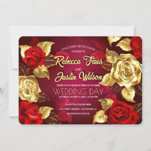 Gold Red Roses Floral Modern Boho Invitation