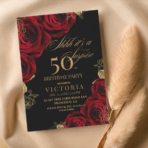 Gold & Red Roses Surprise 50th Birthday Invitation