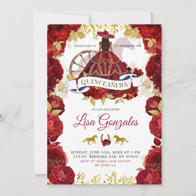 Gold Red Roses Western Charra Boots Quinceañera Invitation (Front)