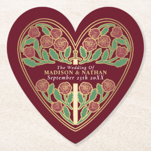 Gold Red Royal Mediaeval Floral Sword Wedding Paper Coaster