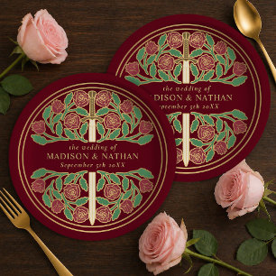 Gold Red Royal Mediaeval Floral Sword Wedding  Paper Plate
