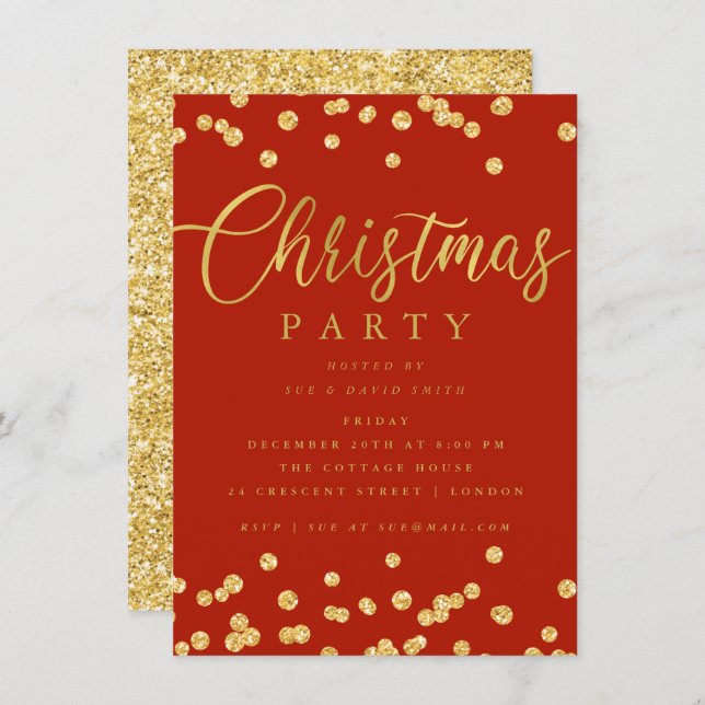 Gold Red Script Confetti Holiday Christmas Party Invitation (Front/Back)