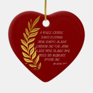 GOLD RED SHINY FLORAL HAPPY HOLIDAYS PSALM 30:1 CERAMIC TREE DECORATION