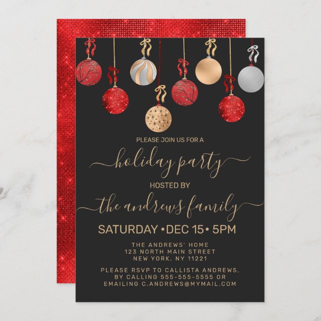 Gold Red Silver Glitter Hanging Ornament Holiday Invitation (Front/Back)
