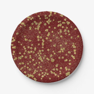 Gold Red Sparkle Confetti Dots Paper Plate