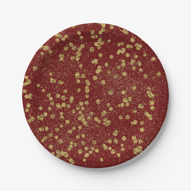 Gold Red Sparkle Confetti Dots Paper Plate (Front)