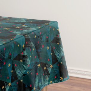 Gold, red stars on blue tablecloth