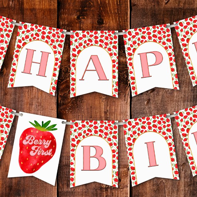 Gold Red Strawberry Berry First Happy Birthday Bunting (Creator Uploaded)