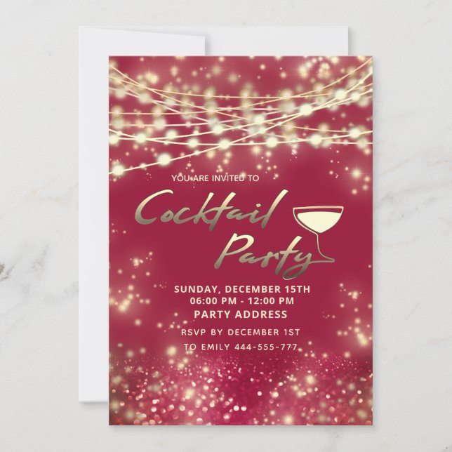 Gold red string lights corporate Cocktail party Invitation (Front)