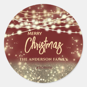 Gold red string lights sparkle Merry Christmas Classic Round Sticker