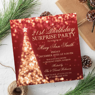 Gold Red Surprise 21st Birthday Christmas Lights Invitation