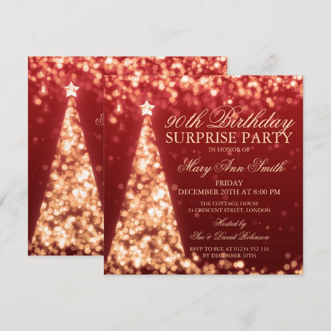 Gold Red Surprise 90th Birthday Christmas Lights Invitation (Front/Back)