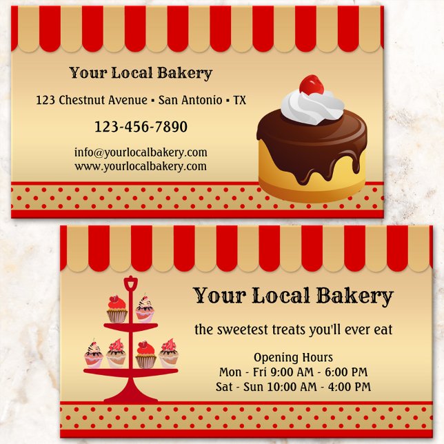 Gold Red Sweet Cupcakes Bakery Business Card (Business card featuring an elegant design with cupcakes on a stand on gold and red - bakery)
