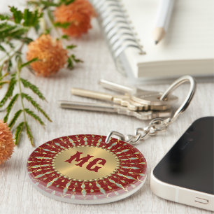 Gold Red White Diamonds Custom Monogram Key Ring