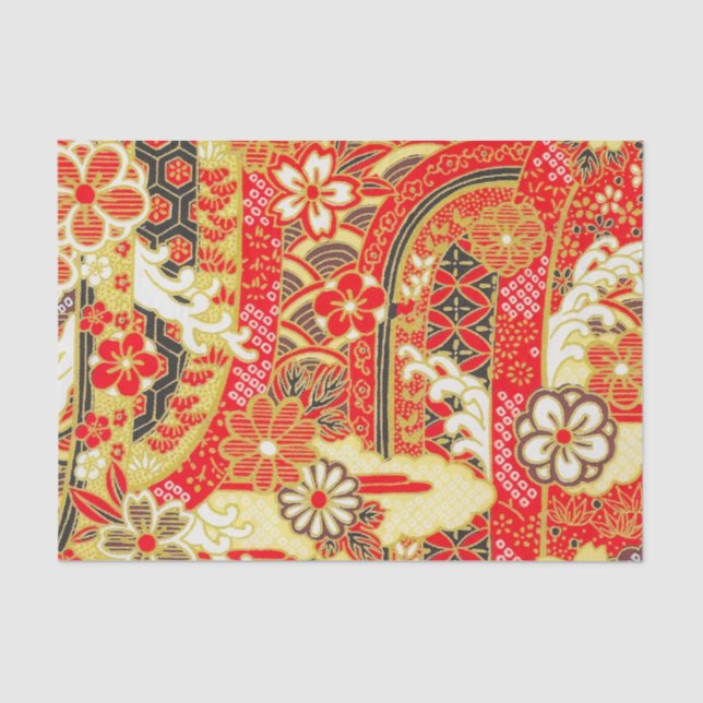 Gold Red White Japanese Kimono Floral Decoupage Tissue Paper (Front)