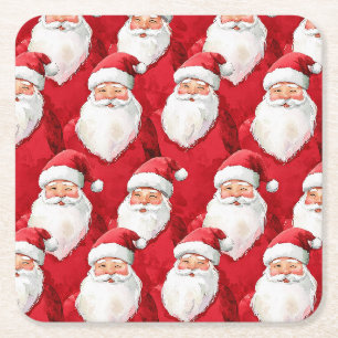 Gold Red White Jolly Santa Claus Christmas Square Paper Coaster