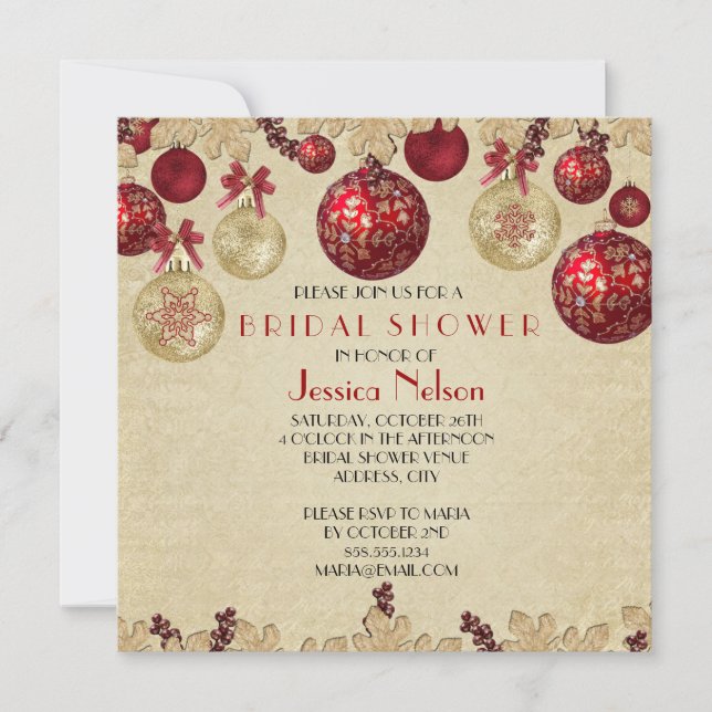 Gold/Red Winter Holiday Ornaments Bridal Shower Invitation (Front)