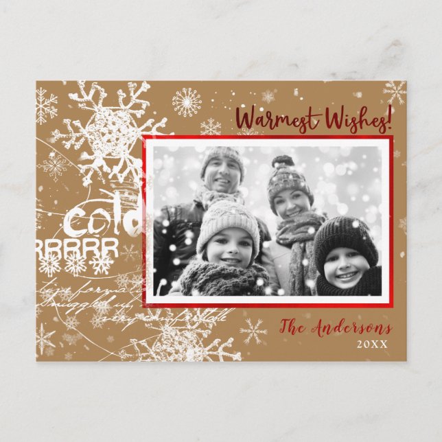 Gold & Red Winter Warm Wishes Holiday Modern Photo Postcard (Front)