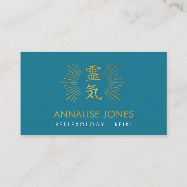 Gold Reiki Healing Symbol on teal blue Business Card (Front)