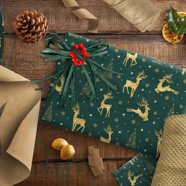 Gold Reindeer Christmas Tree Pattern ID853 Wrapping Paper (Creator Uploaded)