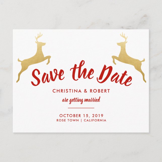Gold Reindeer | Christmas | Wedding Save The Date Announcement Postcard (Front)