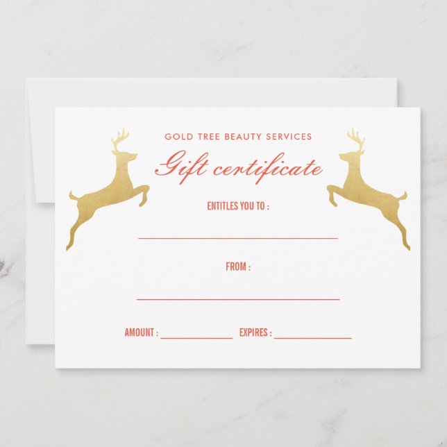 Gold Reindeer Elegant Holiday Gift Certificate Invitation (Front)
