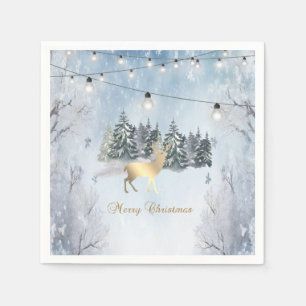 Gold Reindeer,Forest,String Lights Landscape  Napkin