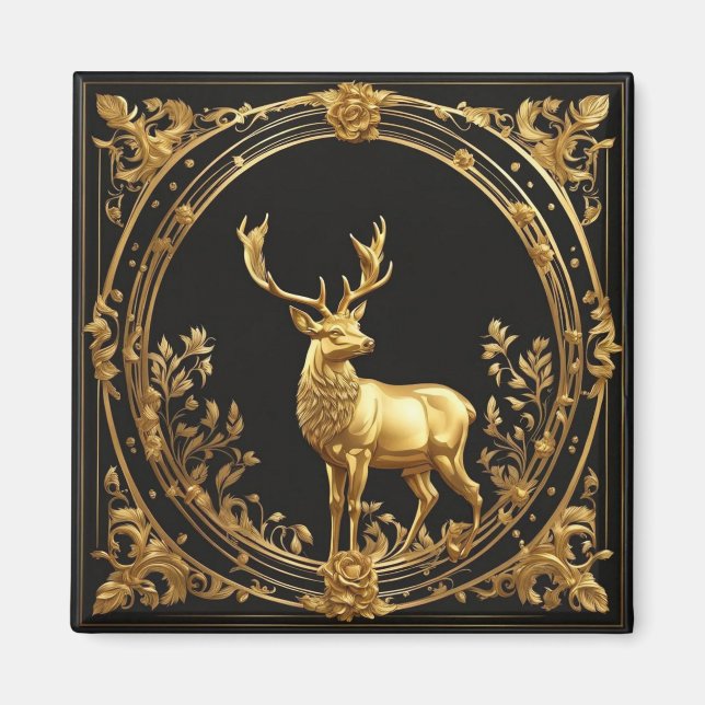Gold reindeer gold and black ornamental frame magnet (Front)