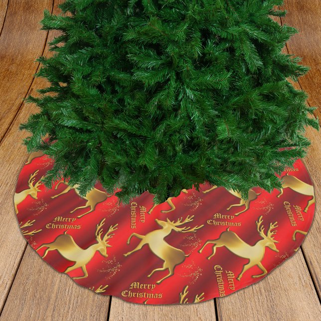 Gold Reindeer Merry Christmas Red Brushed Polyester Tree Skirt (Creator Uploaded)