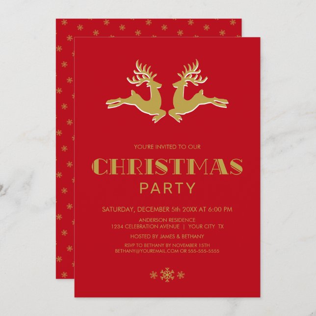 Gold Reindeer Red Christmas Party Invitation (Front/Back)
