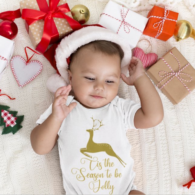 Gold Reindeer Tis the Season To Be Jolly Christmas Baby Bodysuit (Creator Uploaded)