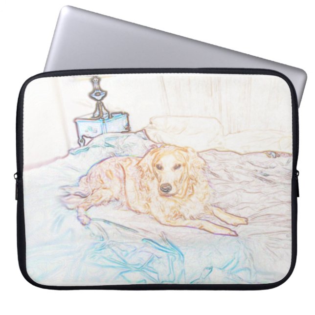 Gold Retriever on Bed in Coloured Pencil Laptop Sleeve (Front)
