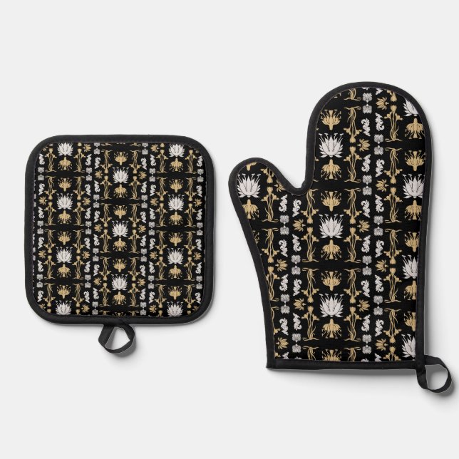 Gold Retro Art Nouveau Print Oven Mitt & Pot Holder Set (Front)