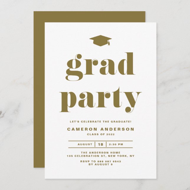 Gold Retro Bold Typography Graduation Party Invitation (Front/Back)