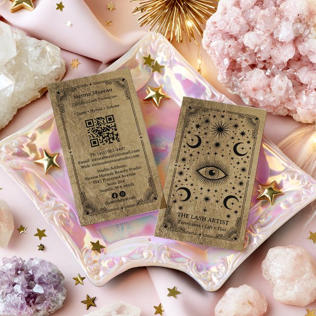 Gold Retro Celestial Tarot Lash Artist QR Code Business Card (Gold Retro Celestial Tarot Lash Artist QR Code Business Card)