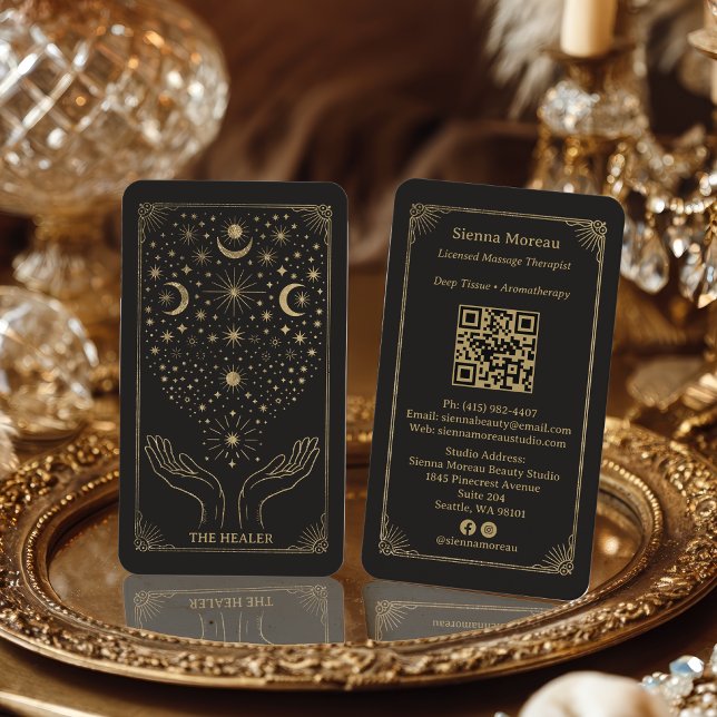 Gold Retro Celestial Tarot Massage Reiki QR Business Card (Gold Retro Celestial Tarot Massage Reiki QR Business Card)