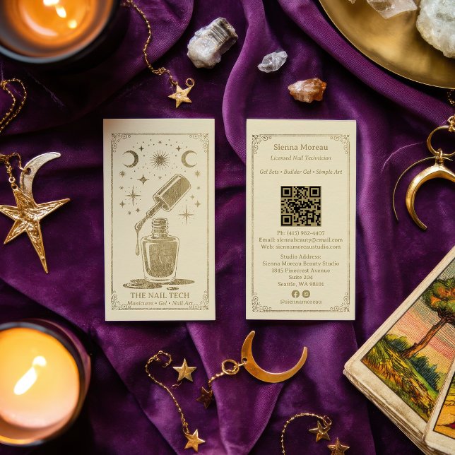 Gold Retro Celestial Tarot Nail artist QR Code Business Card (Gold Retro Celestial Tarot Nail artist QR Code Business Card)