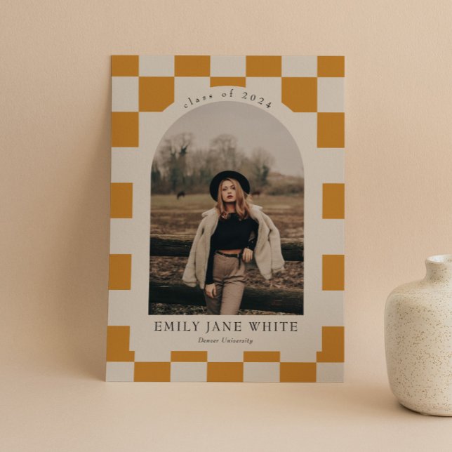 Gold Retro Checkered Arch Classic Photo Graduation Invitation (Creator Uploaded)