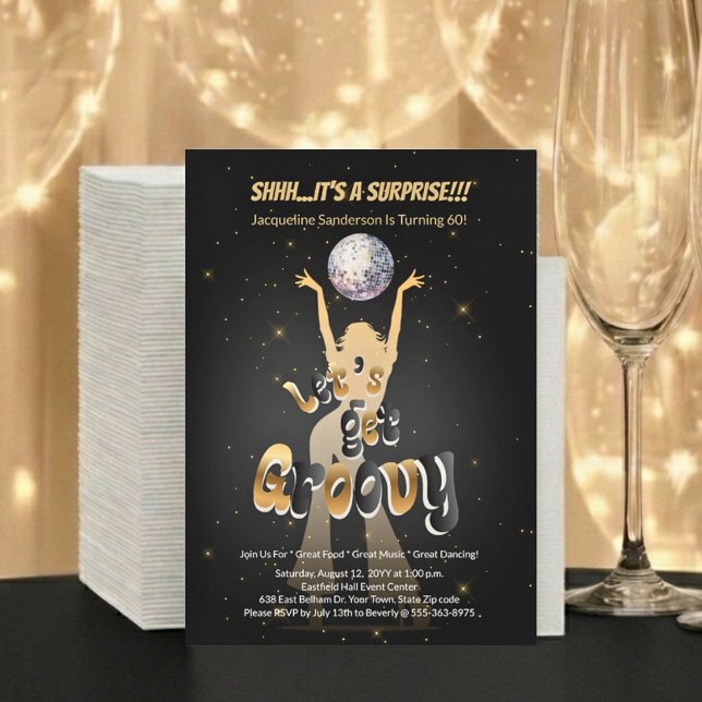 Gold Retro Let's Get Groovy 60th Birthday Party Invitation (Creator Uploaded)