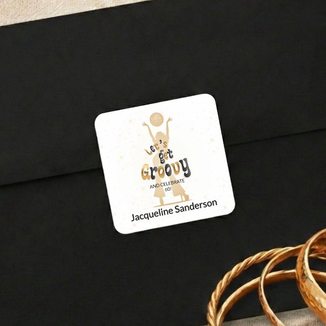 Gold Retro Let's Get Groovy 60th Birthday Square Sticker (Creator Uploaded)